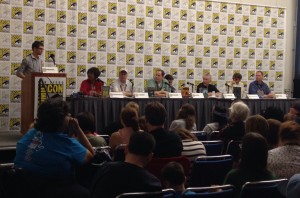 The Middle Grade panel at attention, with Paul Pope slouching in the middle.
