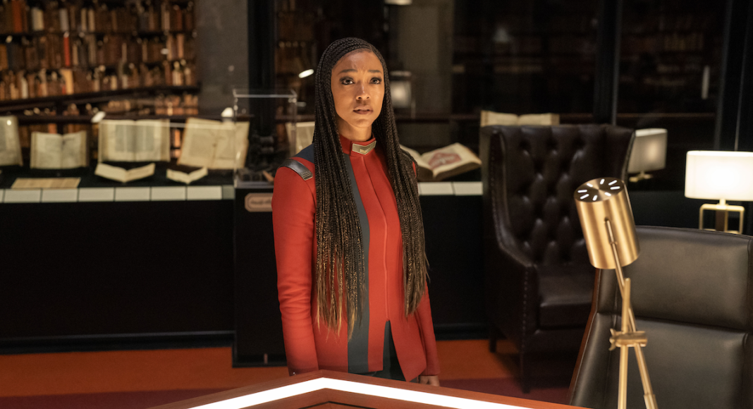 Burnham in the library in the antepenultimate episode of Discovery. Photo credit: Grossman.