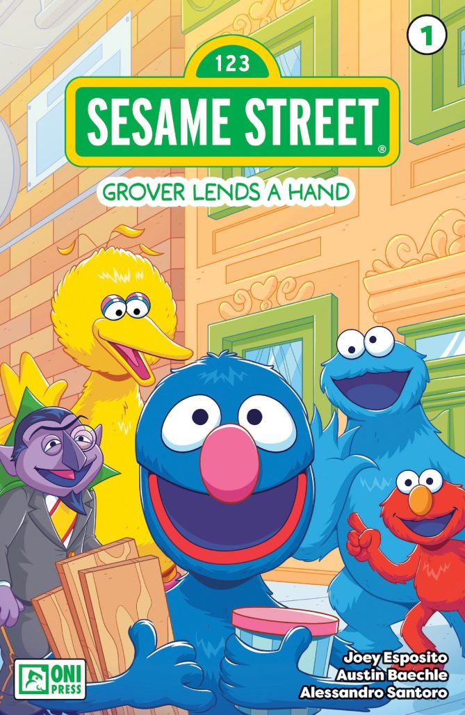 A blue-haired and red-nosed Grover holds wood and a jar for his friends listed from left to right: The Count, Big Bird, Cookie Monster, and Elmo.