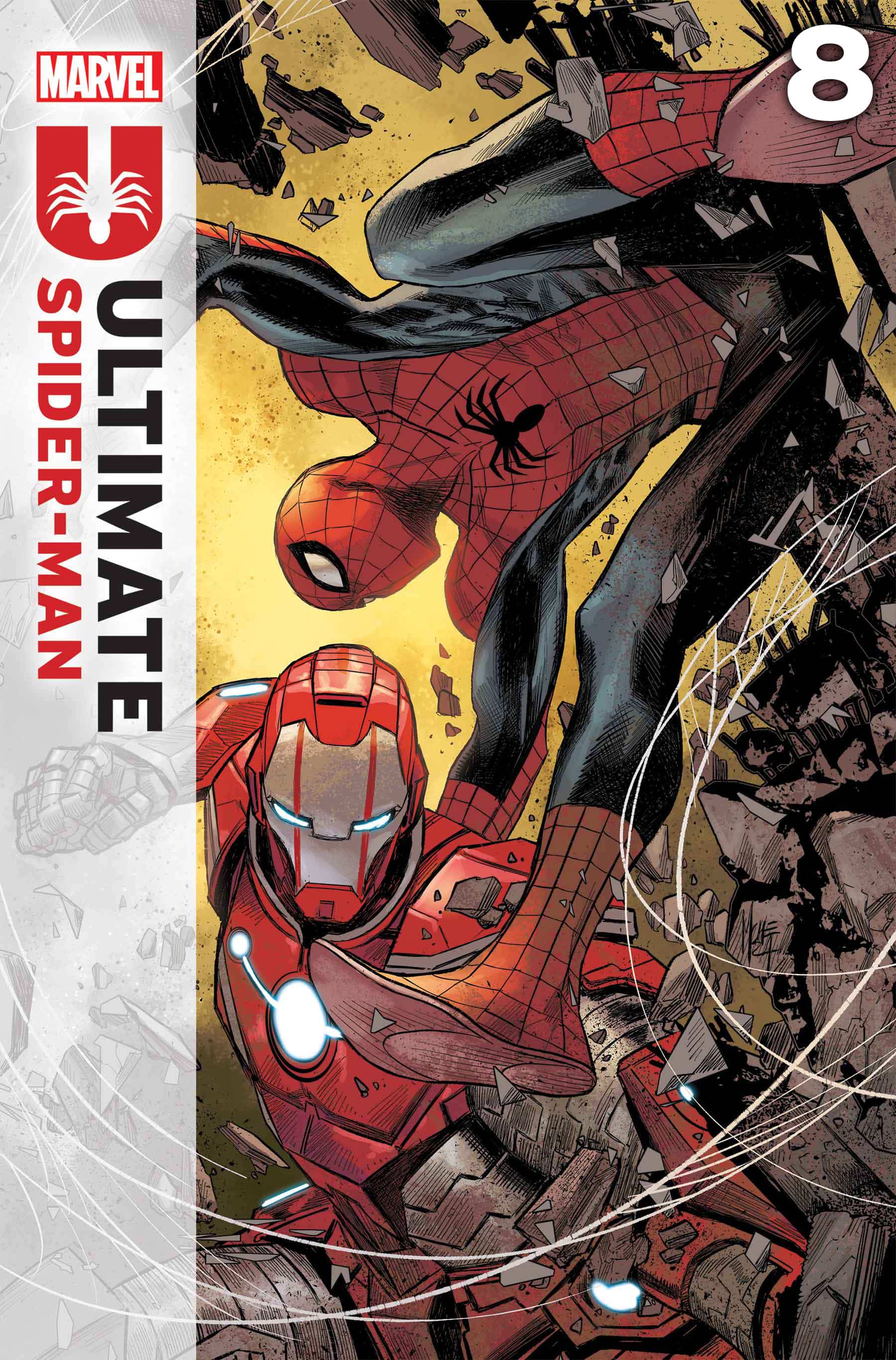 Ultimate Spider-man cover where Spider-Man flips to his left over Iron Man