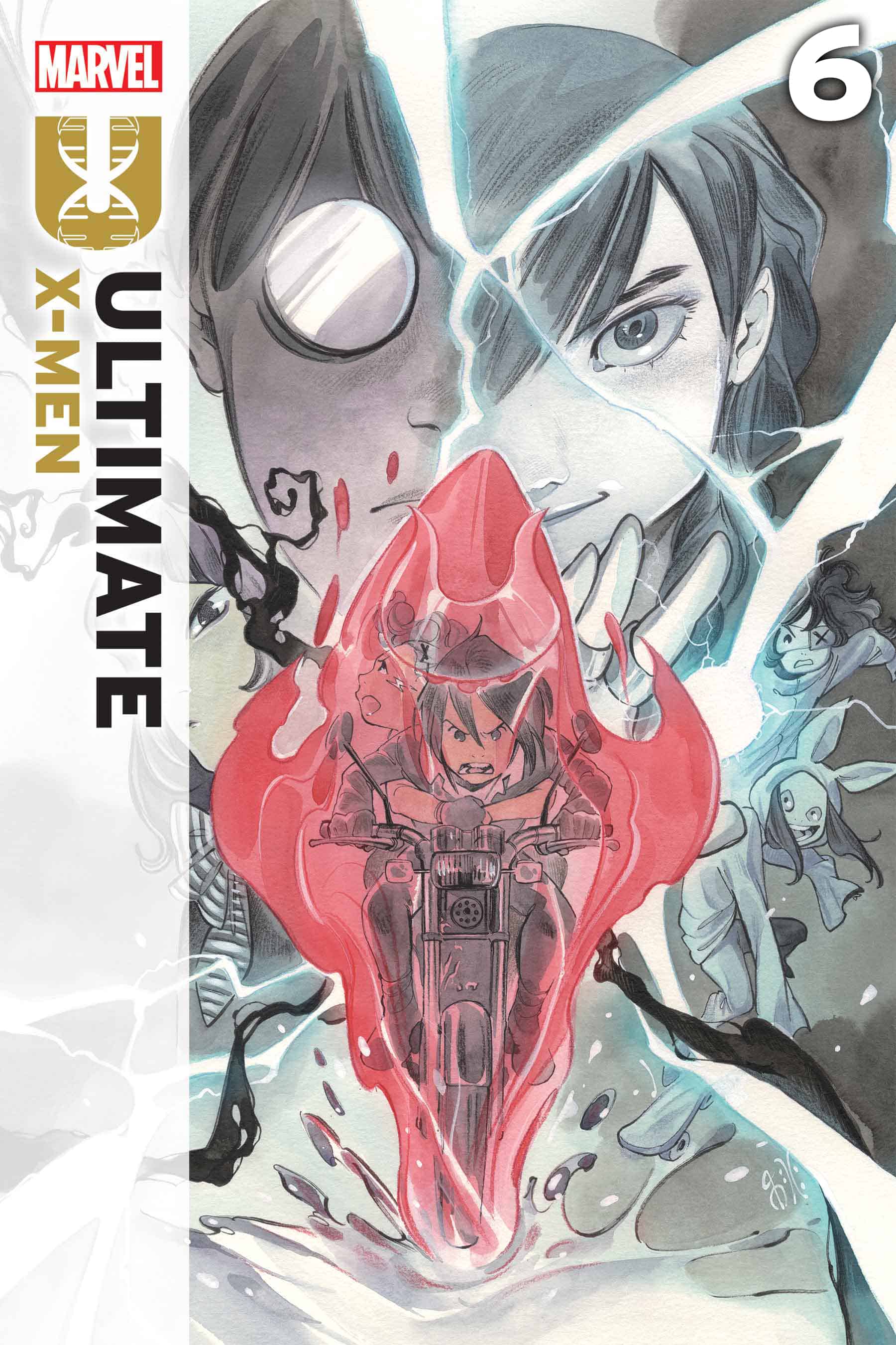 Ultimate X-Men cover of armor in pink engulfed energy with a pale enlarged face in the backdrop