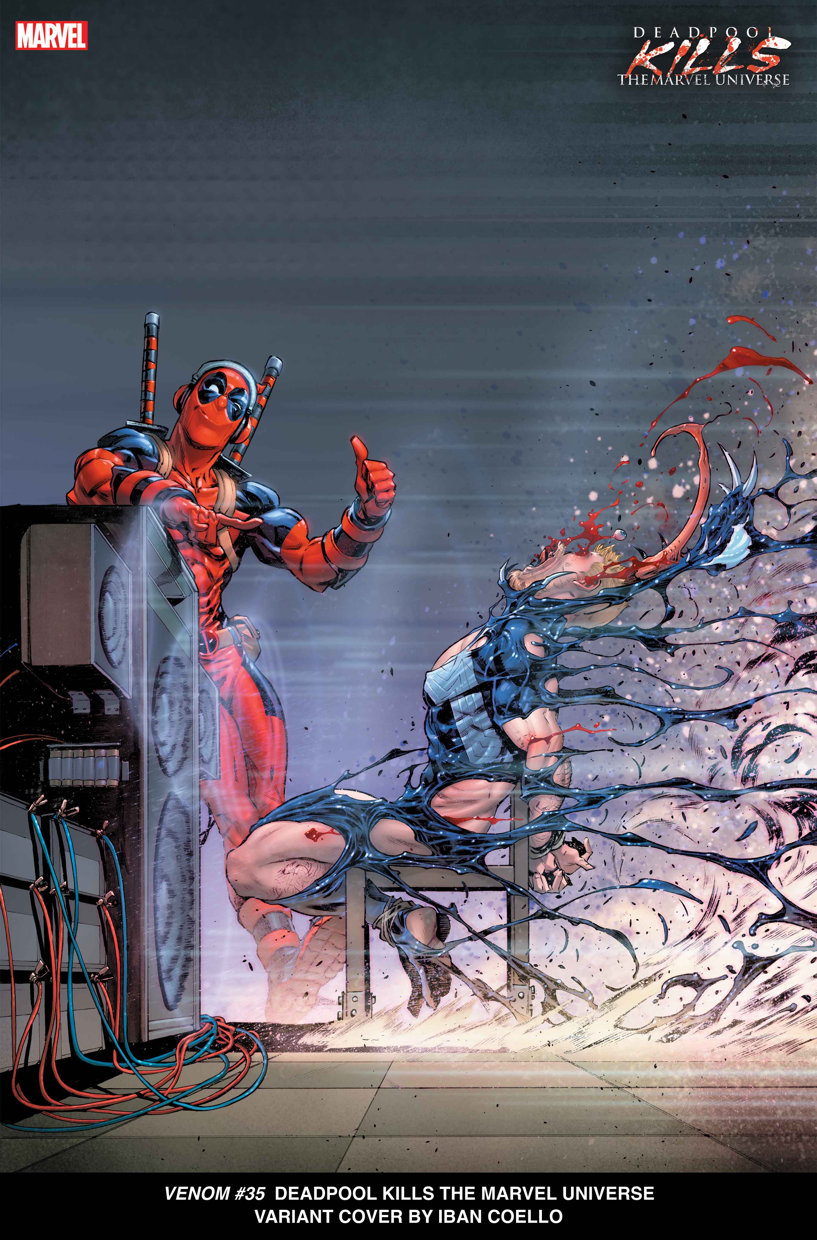 deadpool blasts eddie brock with sound, his suit falling apart as brock's tied to a chair.