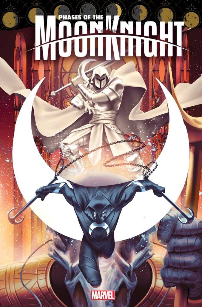 Moonknight stands tall on a moon. 