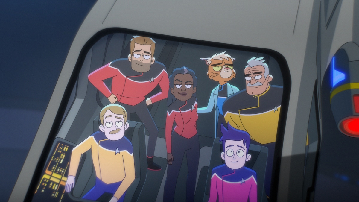 Bradward and the command crew (holographic) take in the Cerritos (holographic) aboard a shuttlecraft (holographic).