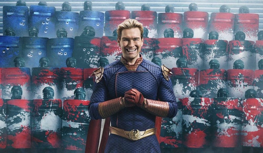 Homelander leans against wall in red white and blue riot gear