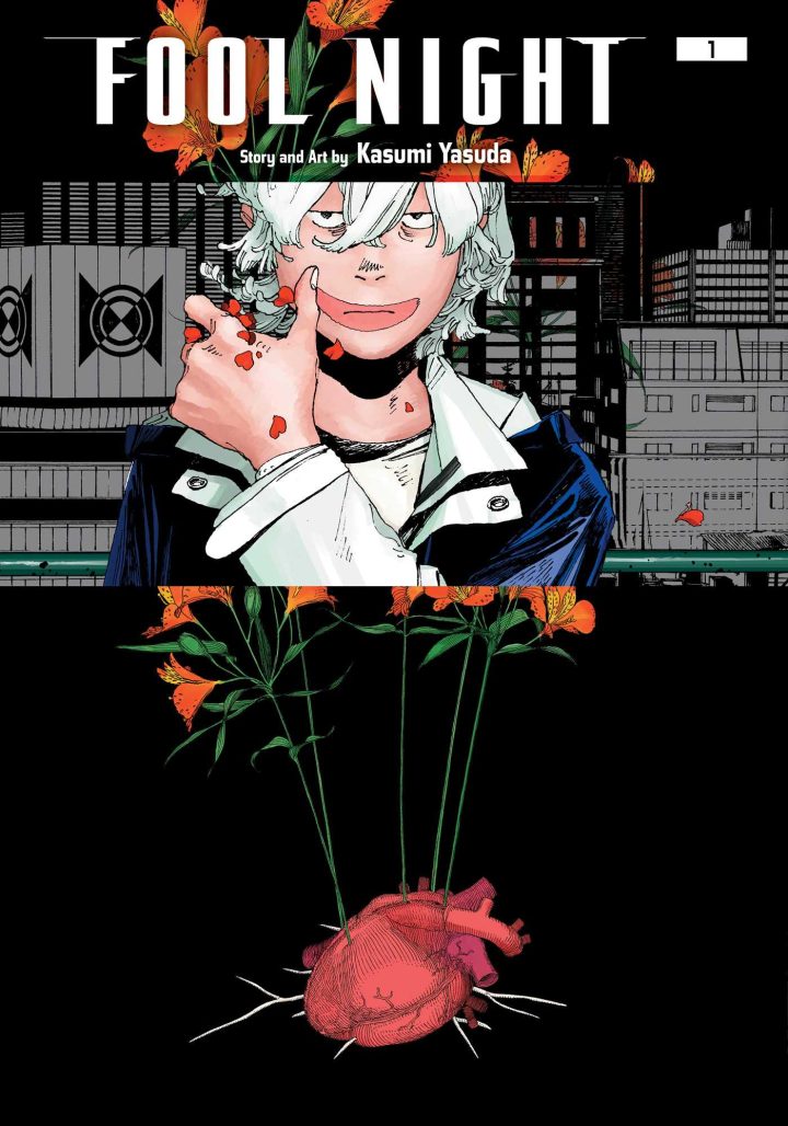 fool night white haired boy against cityscape superimposed in front of orange flowers growing from heart