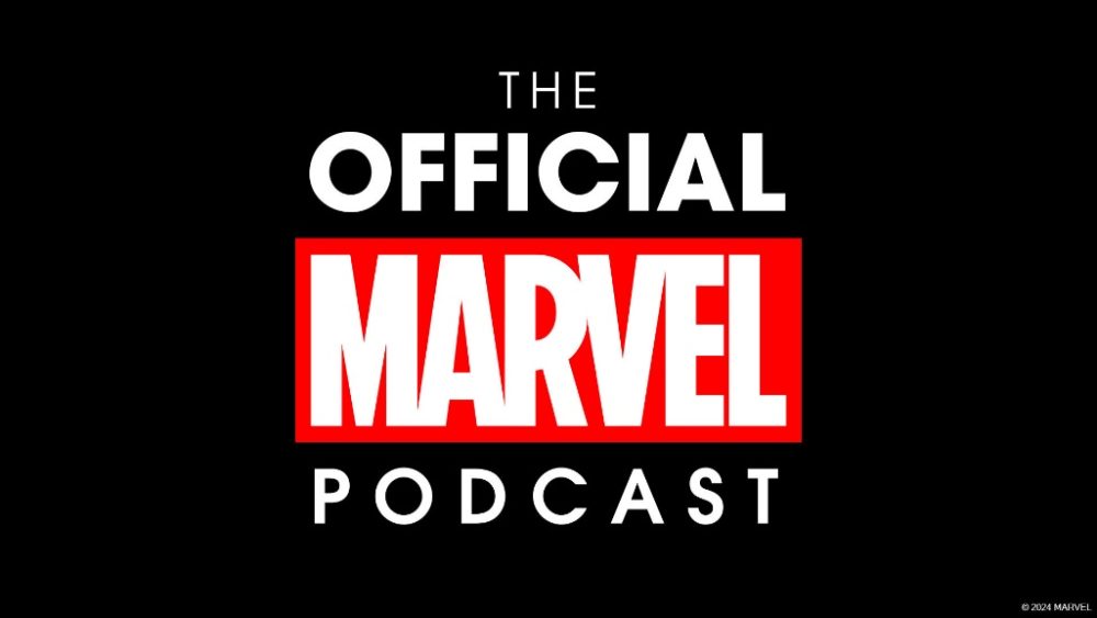 the official marvel podcast logo with a black backdrop and white lettering. Marvel logo with its signature red surrounding it.