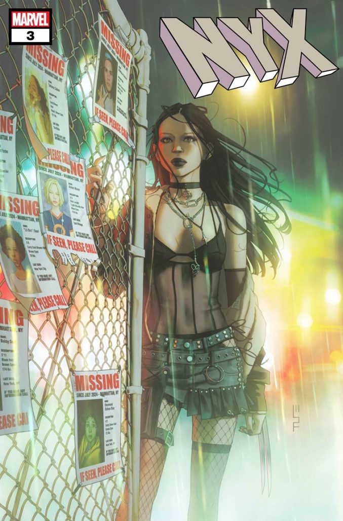 X-23 in fishnet stockings and a cutoff top and bra as she presses against an iron fence, with dark yet colorful yellows, red, and green hues in the backdrop.