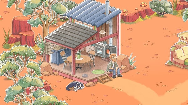 A ginger-haired white man and a border collie sit at an open-sided shed in an orange-desert setting.