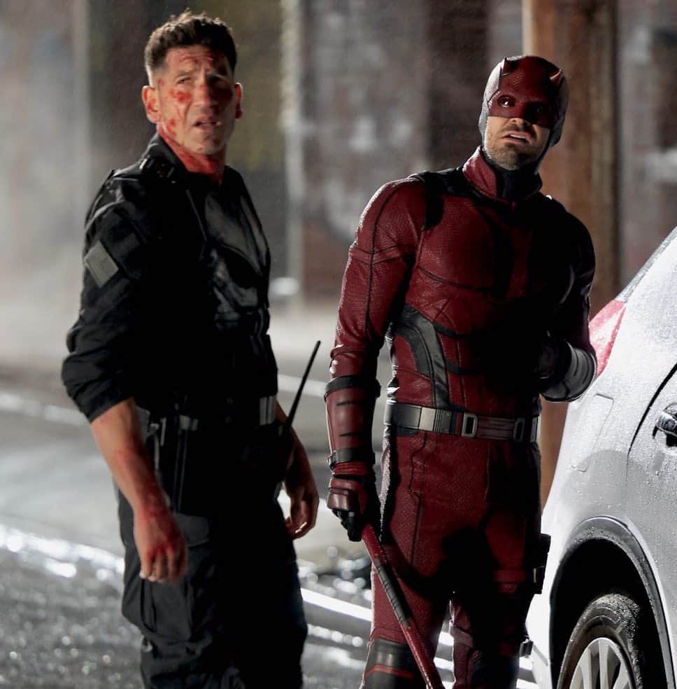 Jon Bernthal as Punisher to the left and Charlie Cox as Daredevil to the right in Daredevil: Born Again