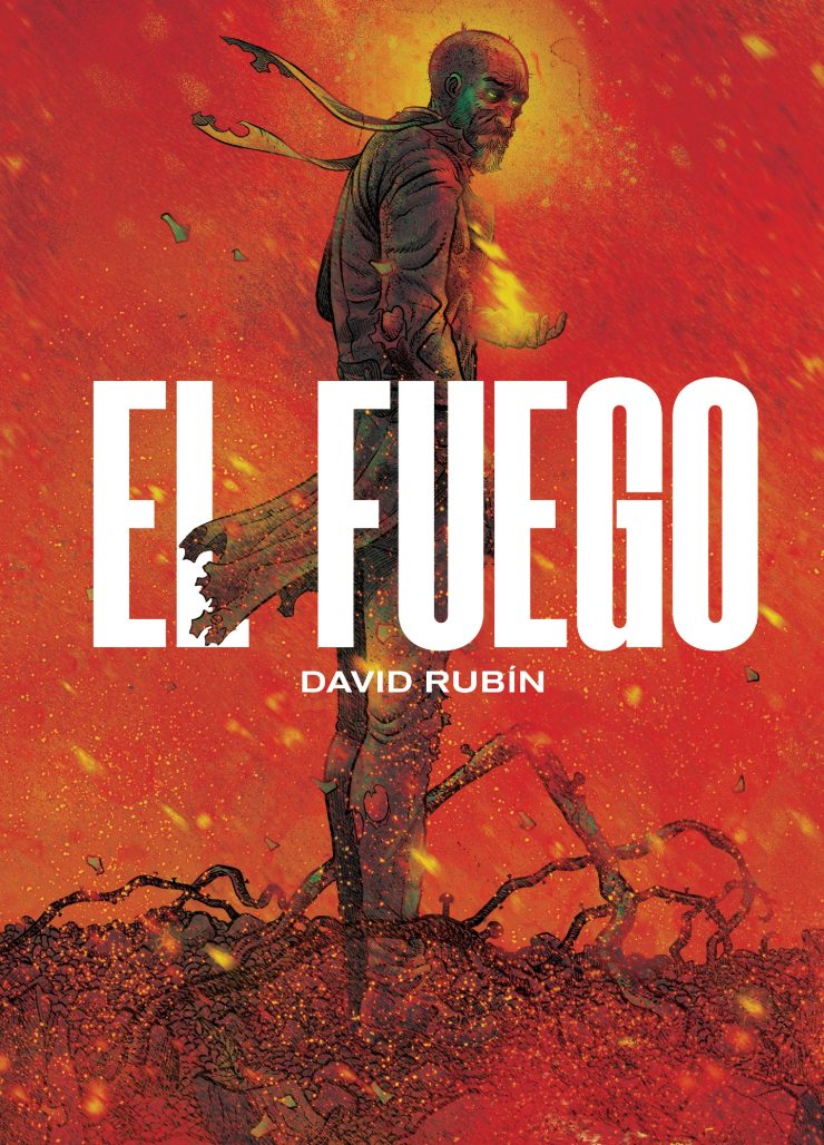 El Fuego red cover with a person standing in the middle