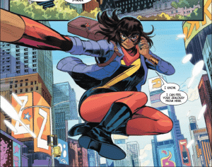 Kamala Kahn aka Ms. Marvel takes flight across New York City in NYX #1. Artwork by Francesco Mortarino