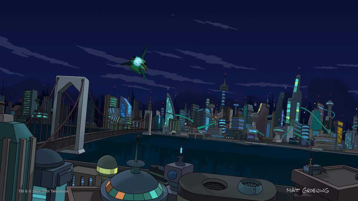 The Good Ship Planet Express rides over the New York City skyline at night.