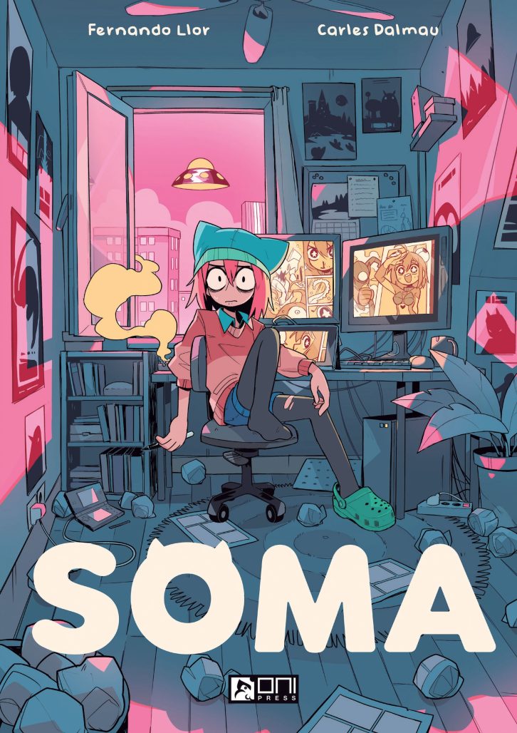 In the SOMA cover art, an artist girl with pink hair and a striped sweater with rolled-up sleeves sits next to her dual-monitor setup.  She wore clay pots on her feet and there was an ashtray next to her desk with a smoking cigarette in it. 