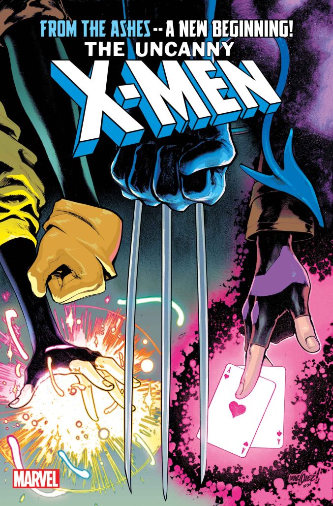 hands in the uncanny x-men cover to the left is jubilee shooting sparks to the right is gambit charging a card and wolverine's claw in the middle