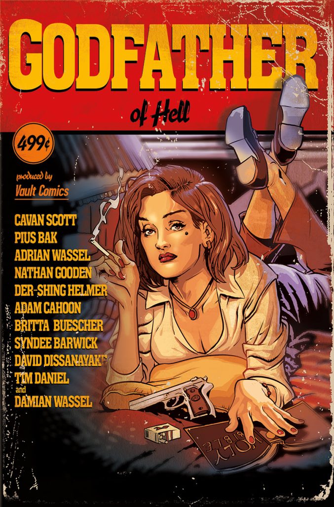 A white woman lies on a bed smoking a cigarette, facing the viewer, with her ankles crossed behind her.  Her shirt was slightly unbuttoned.  Featured artists are listed to her left in yellow font.