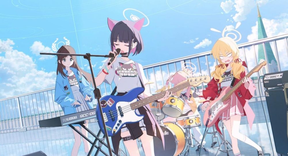 Blue Archive's Summer Update artwork featuring 4 girls playing music on the rooftop of a school.