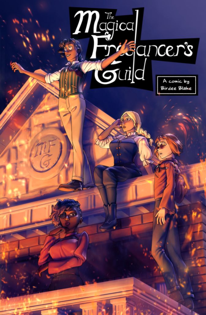 Magical Freelancers Guild. Four people standing on the roof of a burning stone building