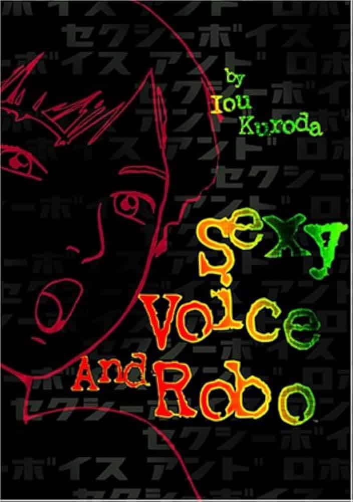 Sexy voices and robots. Rainbow title on red outline of teenage girl's face