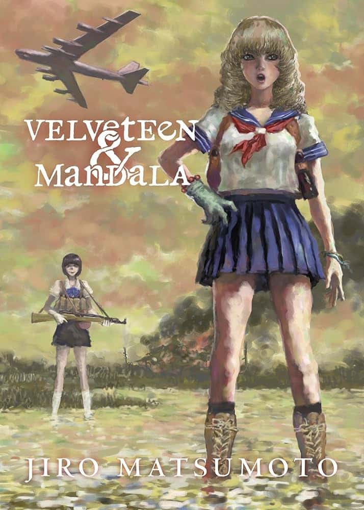 velveteen and mandala two schoolgirls, one with long blonde hair and the other with short black hair, stand in low water while a plane flies overhead in the upper left corner. the black-haired girl is holding a gun. a fire burns behind them.