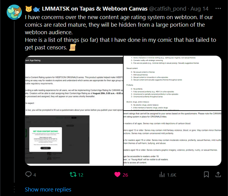 Screenshot of user Catfish_pond's X/Twitter post showing how to edit her comic to pass censorship on Webtoon Canvas. 