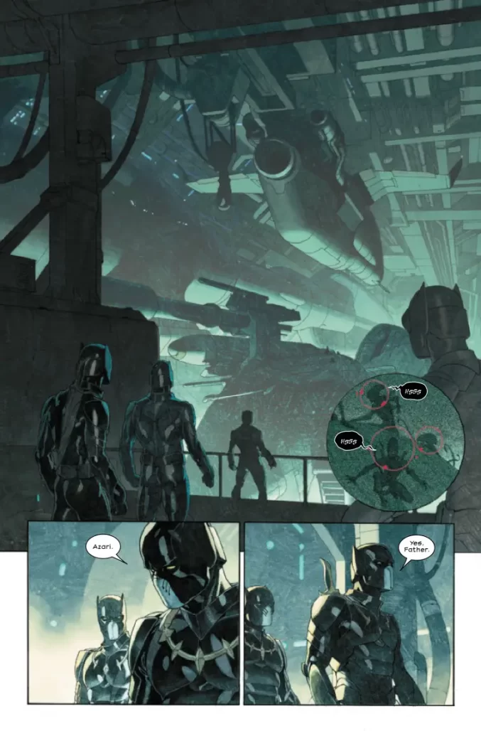 Wakandan soldiers walk into a massive cargo bay.