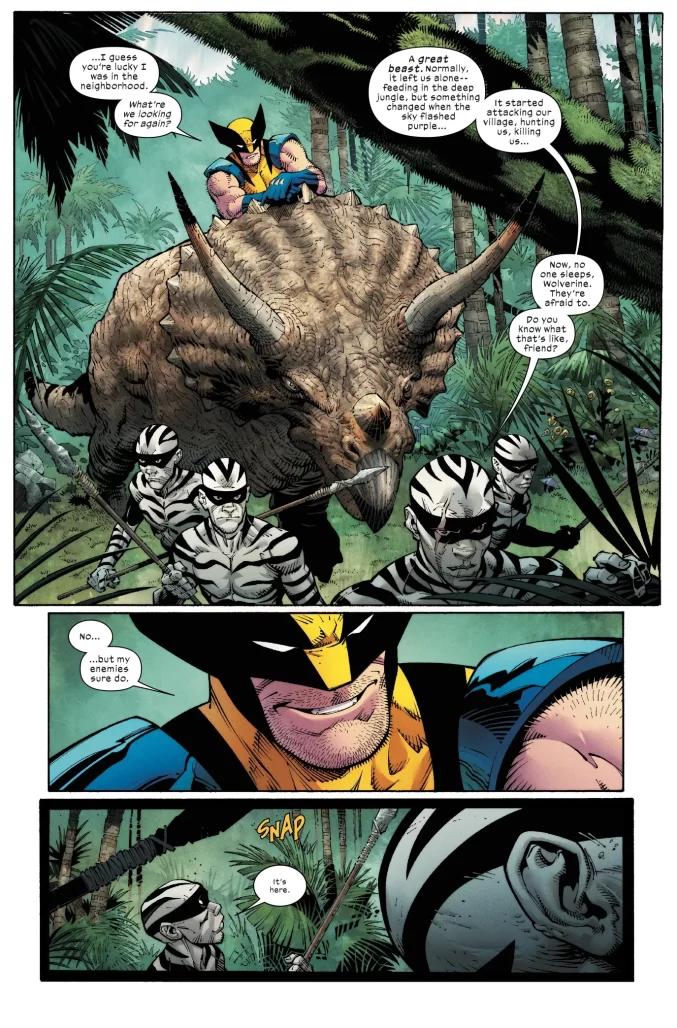 Wolverine riding a dinosaur