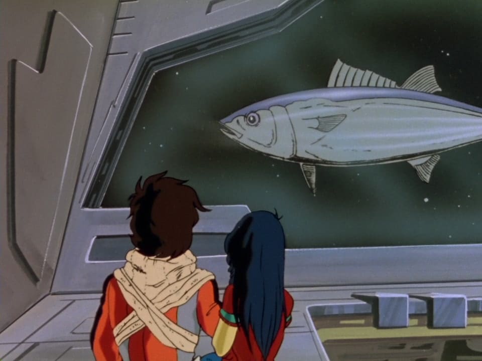 Self-Defense Forces Macross. A young man and woman observed a giant tuna floating in space outside the hangar of a spacecraft.