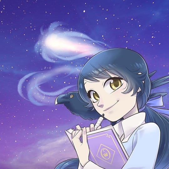 Raven legend young girl with raven holding book against starry purple sky