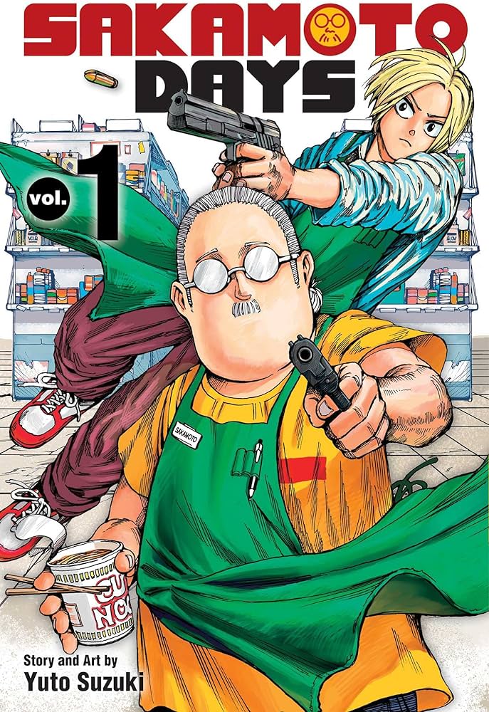 Sakamoto Ten. Old people wearing yellow shirts, green apron, and glasses pointed at readers with guns. Behind him, a blonde flew from the air with a gun -he also tied a green apron.