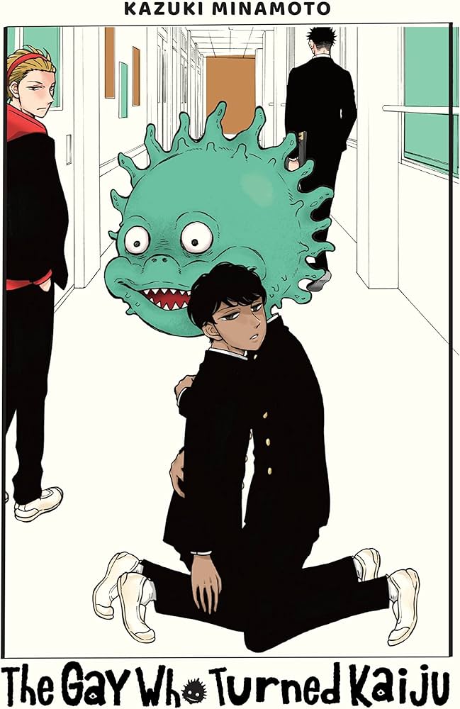 Homosexuals who become monsters. A boy with a big green head hugged another boy. Both wore black Japanese school uniforms: long sleeves and pants. They knelt in a high school auditorium. A boy looks at them suspiciously in the background, and another boy has his back to them in the distance.