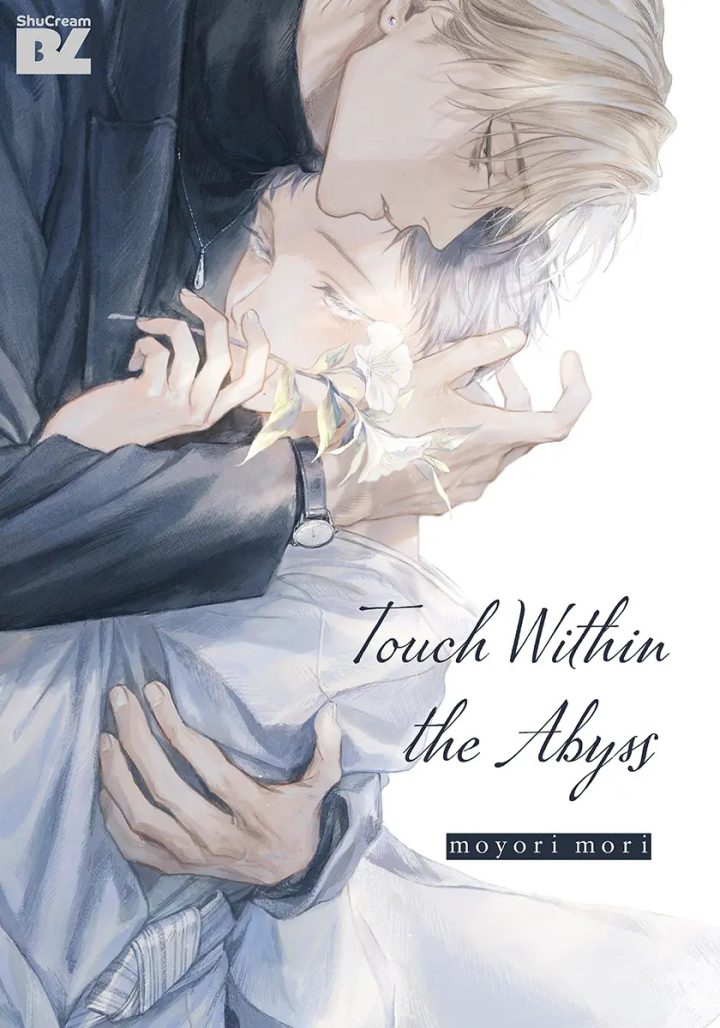 Touch of the Abyss cover image. The blond boy and the black-haired boy hugged each other. The blond boy is wearing a black suit, a teardrop necklace and a watch. The dark-haired boy holds a white flower with protruding leaves.