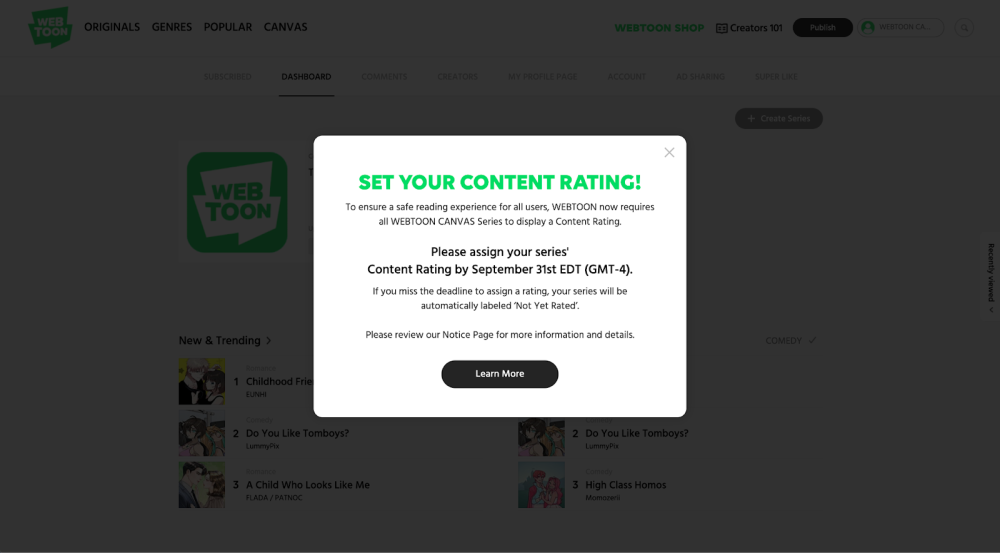 Notice reminding Canvas creators to set content ratings before September 31st 