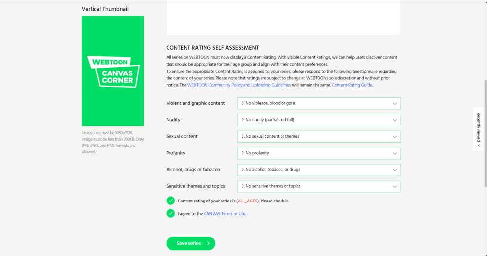 Image from Webtoon CANVAS showing the questionnaire that creators must fill out to receive a rating for their series. 