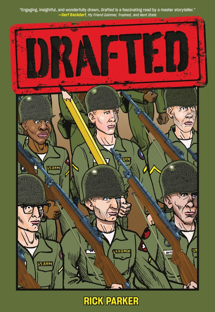 Private is seen marching in uniform in the drafted green cover art, with the soldier in the center holding a large pencil in place of a military rifle, unlike the surrounding soldiers in his profile