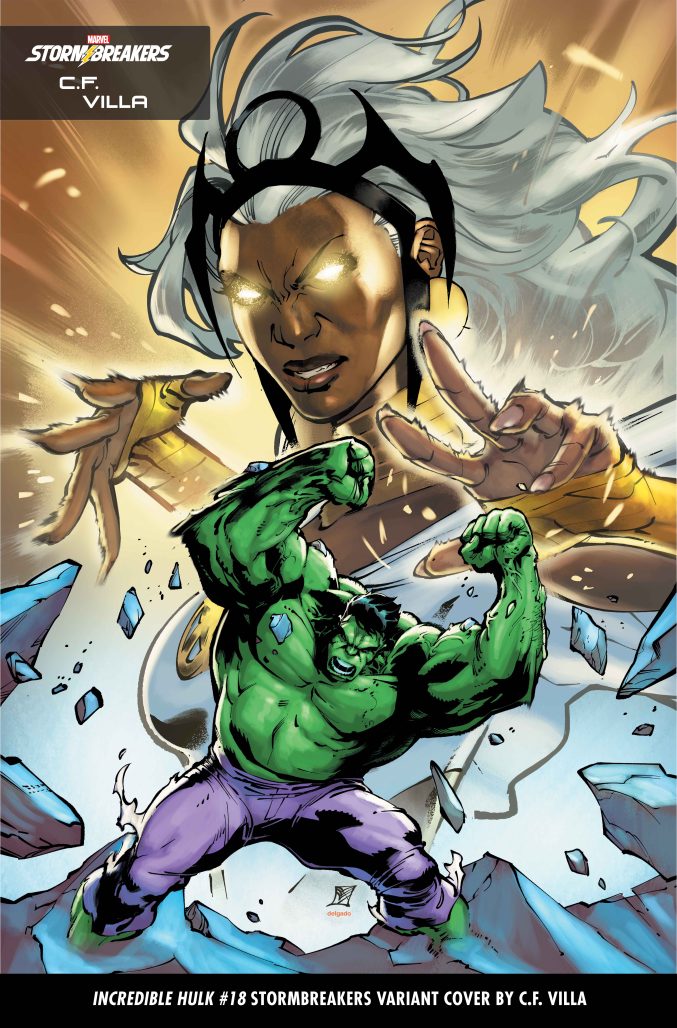 In the background from the chest up, Storm waves her hands and her eyes sparkle. The Hulk in the foreground raises his arms, preparing to hit the ground again - rocks flying through the air.