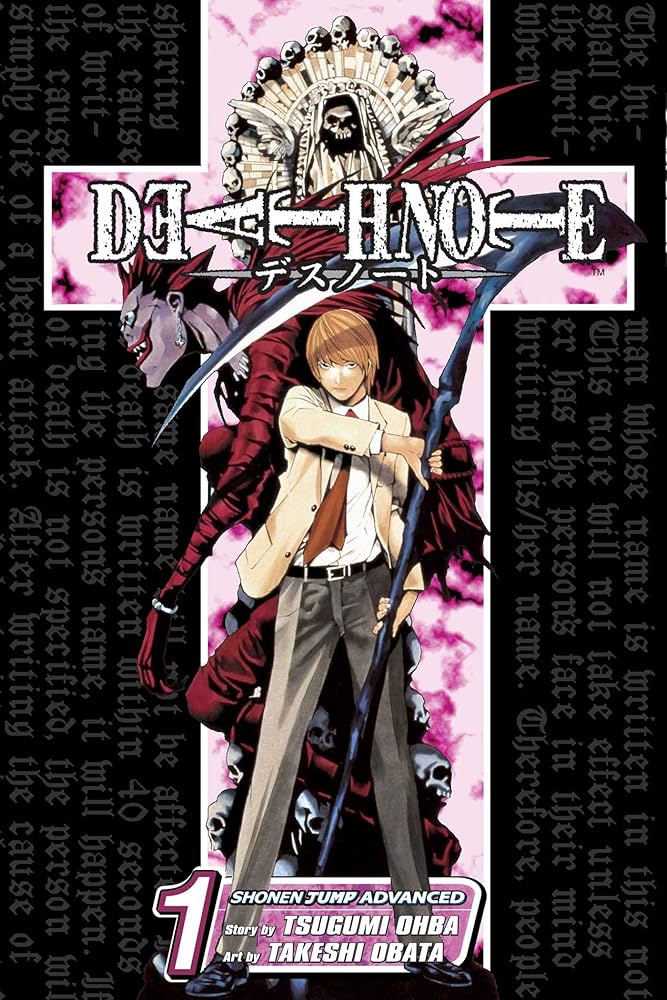 Death Note cover. The teenage boy holds a scythe while a terrifying grim reaper crouches behind him. There is an outline of a cross standing out from the black background.