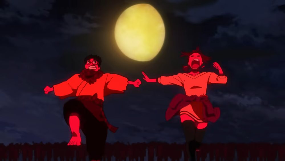 Momo and O'Karen escape from the yellow moon behind them