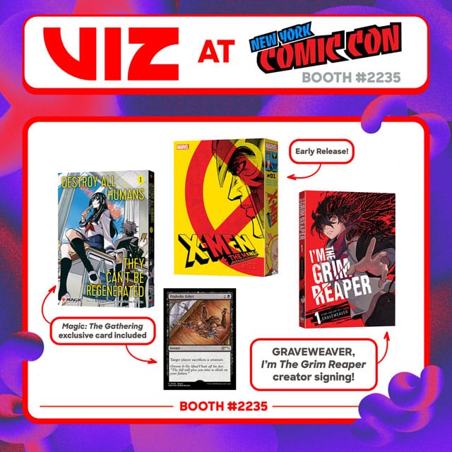 The Viz @ NYCC booth features comics Destroy All Humans, X-Men: Comics, and I Am Death.