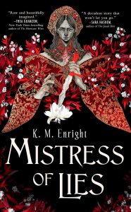 Mistress of Lies cover with woman in red holding a knife