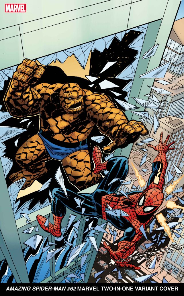 Thing breaks through the window and tries to grab the falling Spider-Man who just shot a web