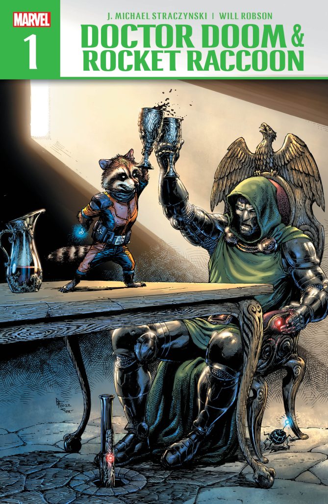 Comic cover of Rocket Raccoon and Doctor Doom, the two cheering