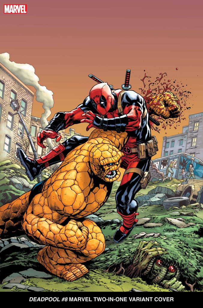 Deadpool #8 2-in-1 variant comic cover features something piercing Deadpool's guts