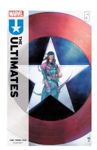 Ultimate Hawkeye is reflected on Captain America's shield.