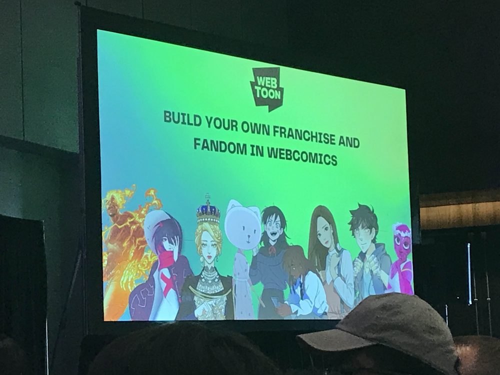 The first slide of the WEBTOON panel, with various characters from the Originals platform at the front.