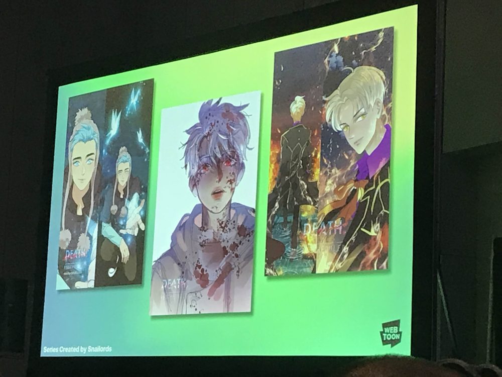 Slide show of artwork from Aiden WEBTOON during panel discussion