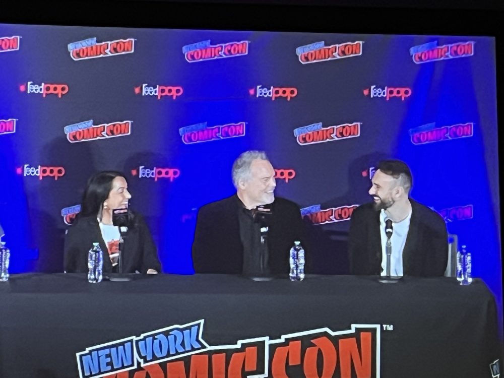 Sana Amanat, Vincent D'Onofrio and Charlie Cox at New York Comic Con 2024