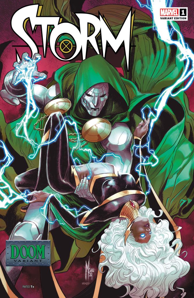 Comic art cover of Storm as she is drained of her powers by Doctor Doom