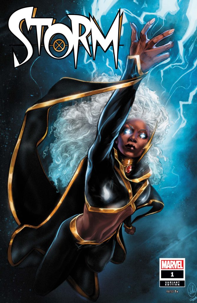 Art cover of Storm as she raises her right hand to summon lightning.