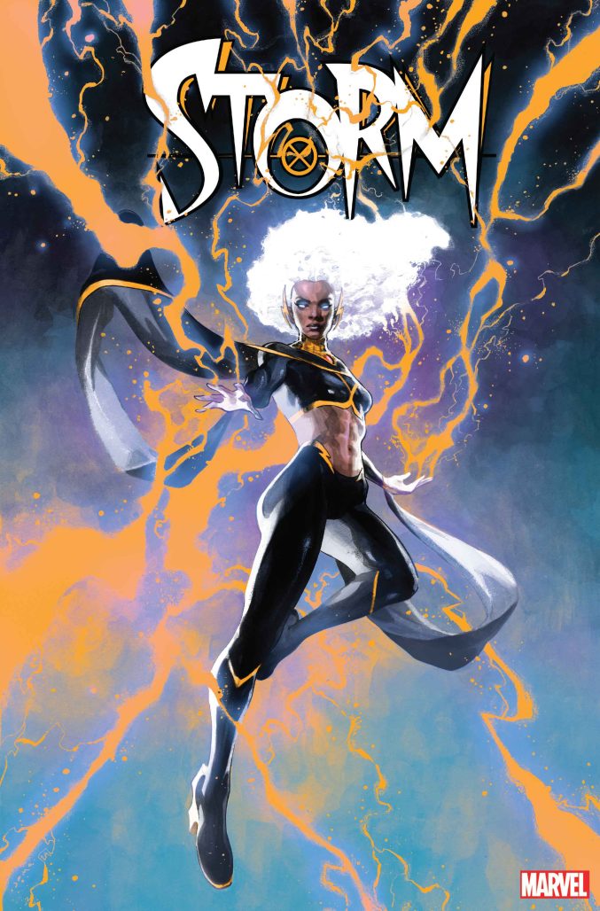 The golden lightning bolts on Storm's cover extend to all four corners of the page as she rises in the air and shows off her abs in the mid-rise outfit